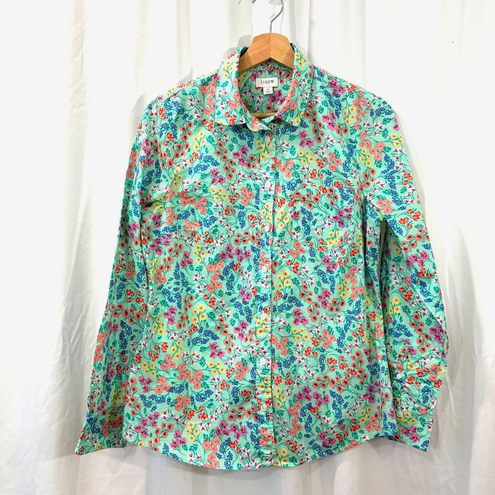 J.Crew Spring Cotton Button-Up Shirt Green Floral Print Signature Fit- Size M